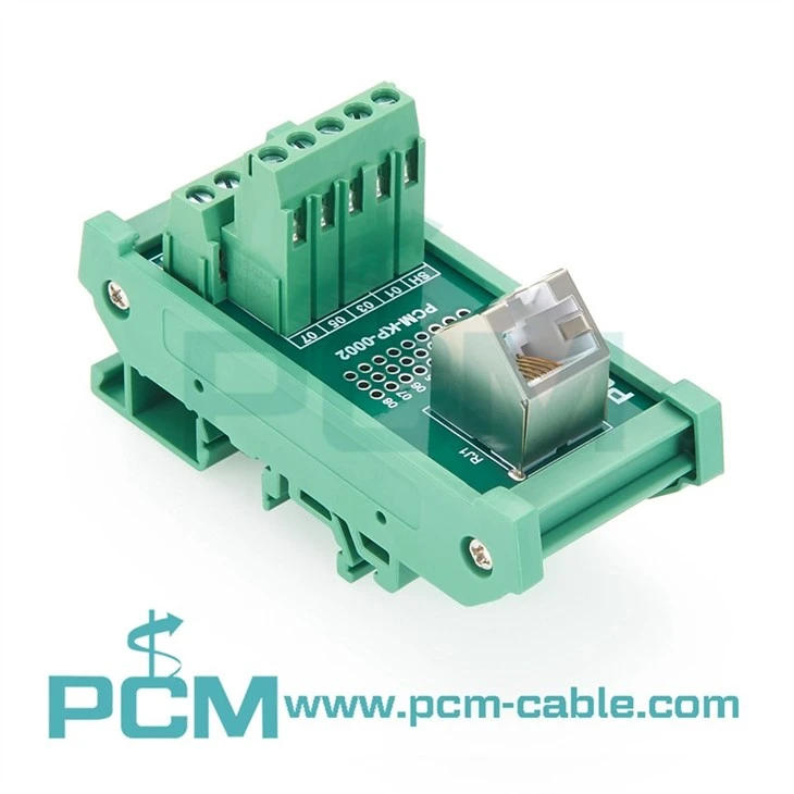 45-degree angled DIN rail RJ45 to terminal block adapter
