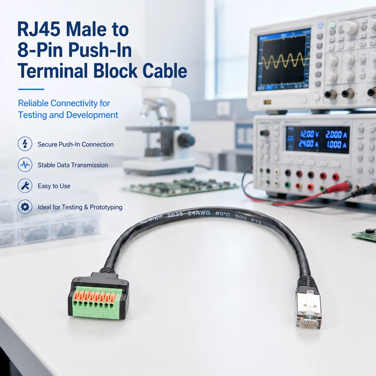 RJ45 Male to 8-Pin Push-In ٹرمینل بلاک کیبل گائیڈ: CAT5e بریک آؤٹ کیبل نیٹ ور...