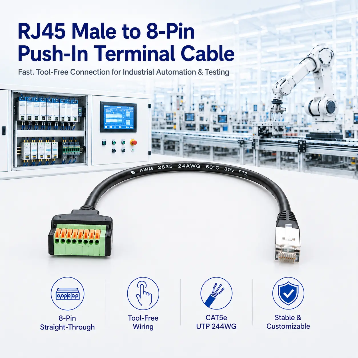 PCM-0437 RJ45 مرد سے 8 پن پش ان ٹرمینل بلاک کیبل